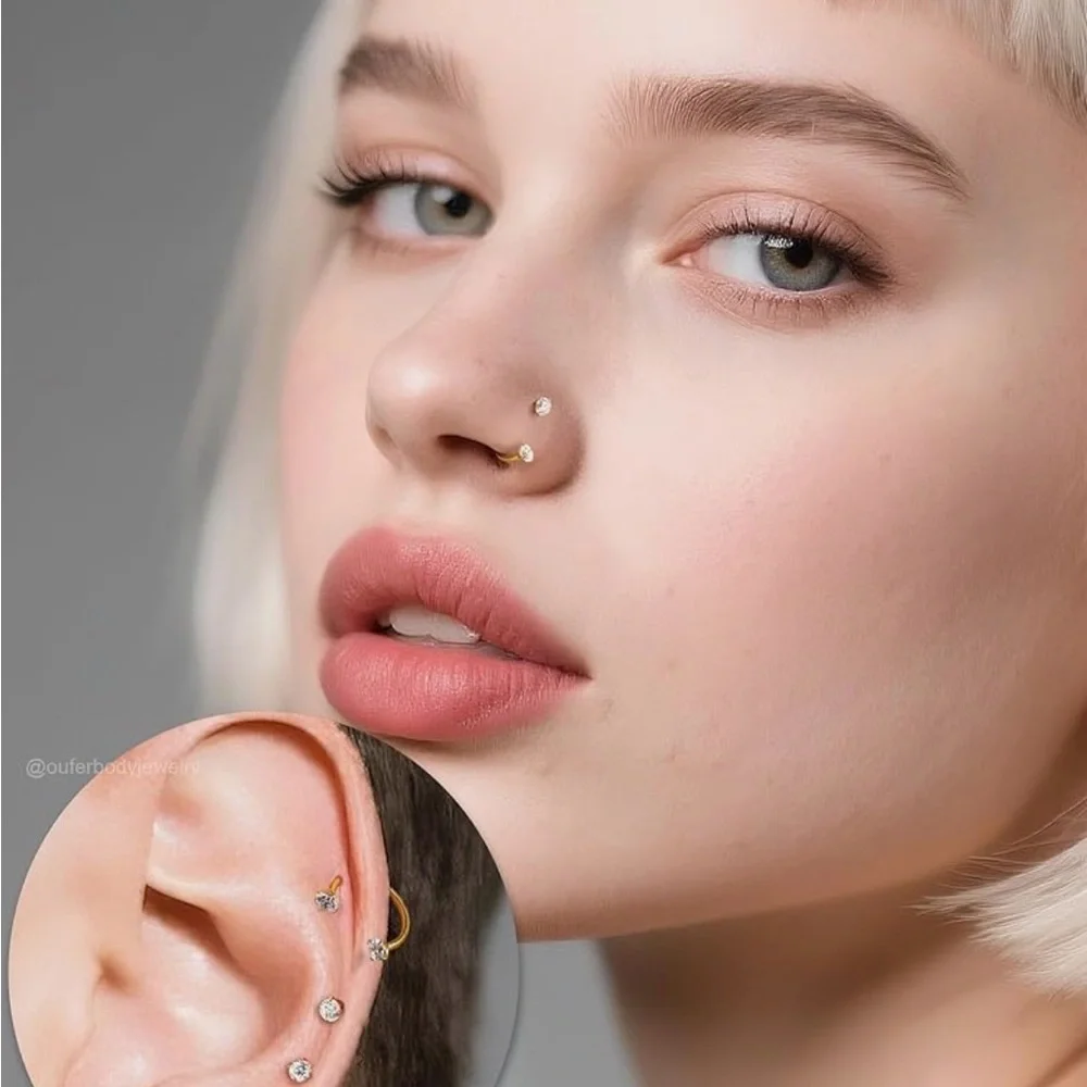 Unique Gold Star Nose Ring Horseshoe Stud with CZ’s NIB - Picture 3 of 12